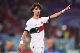 Joao Felix gestures during the Qatar 2022 World Cup quarter-final football match between Morocco and Portugal at the Al-Thumama Stadium in Doha on December 10, 2022. (Photo by Kirill KUDRYAVTSEV / AFP) (Photo by KIRILL KUDRYAVTSEV/AFP via Getty Images)