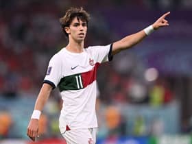 Joao Felix gestures during the Qatar 2022 World Cup quarter-final football match between Morocco and Portugal at the Al-Thumama Stadium in Doha on December 10, 2022. (Photo by Kirill KUDRYAVTSEV / AFP) (Photo by KIRILL KUDRYAVTSEV/AFP via Getty Images)