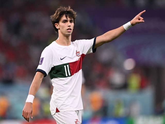 Joao Felix gestures during the Qatar 2022 World Cup quarter-final football match between Morocco and Portugal at the Al-Thumama Stadium in Doha on December 10, 2022. (Photo by Kirill KUDRYAVTSEV / AFP) (Photo by KIRILL KUDRYAVTSEV/AFP via Getty Images)