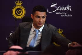 Portuguese forward Cristiano Ronaldo attends a press conference at the Mrsool Park Stadium in the Saudi capital Riyadh on January 3, 2023, ahead of the unveiling ceremony. (Photo by AFP) (Photo by -/AFP via Getty Images)