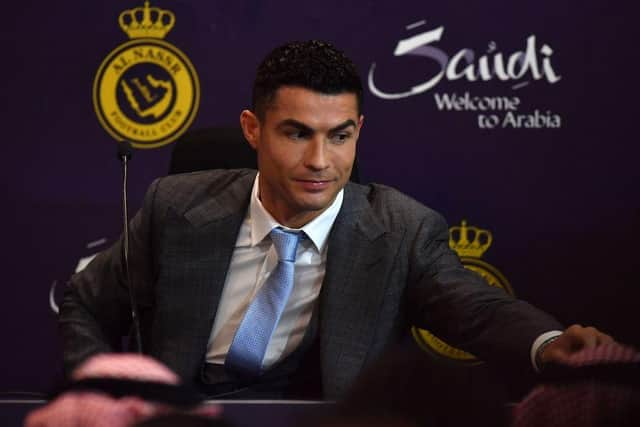 Portuguese forward Cristiano Ronaldo attends a press conference at the Mrsool Park Stadium in the Saudi capital Riyadh on January 3, 2023, ahead of the unveiling ceremony. (Photo by AFP) (Photo by -/AFP via Getty Images)