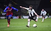 Callum Roberts of Notts County shoots. (Photo by Nathan Stirk).