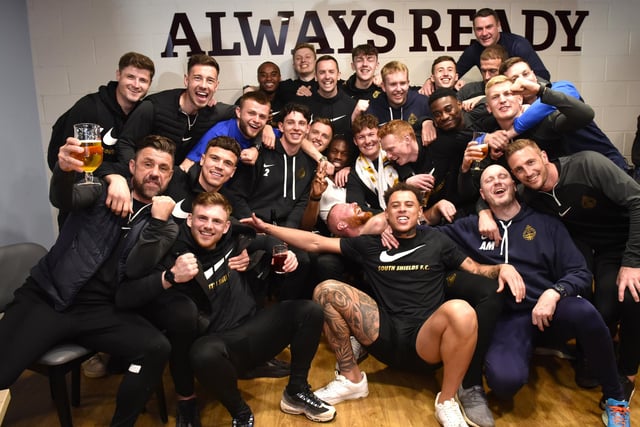 South Shields players and staff celebrate promotion to the National League North (Photo credit: Kev Wilson)