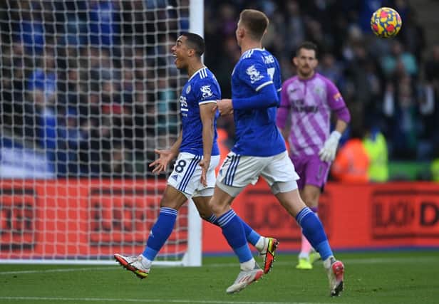 Youri Tielemans of Leicester City celebrates after scoring their side's first goal during the Premier League match between Leicester City and Newcastle United at The King Power Stadium on December 12, 2021 in Leicester, England. (Photo by Gareth Copley/Getty Images)
