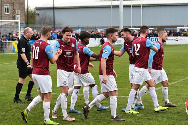 South Shields celebrate scoring their fifth goal of an enthralling encounter at Mariners Park on Saturday.