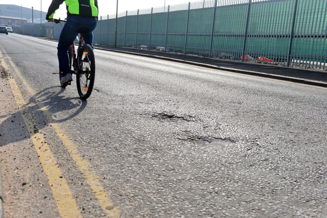 Potholes on Commercial Road in South Shields. Potholes are a common cause of accidents for cyclists.
