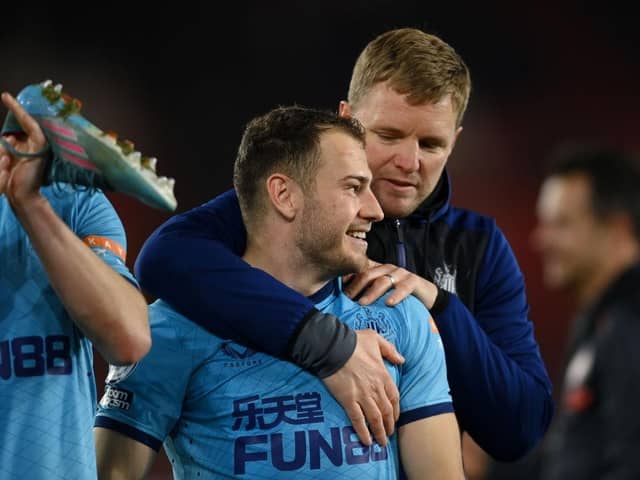 Newcastle United winger Ryan Fraser and head coach Eddie Howe in March.