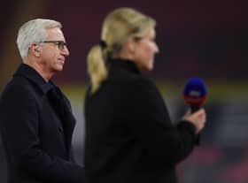 Alan Pardew is interviewed by Sky Sports before to a Premier League match between Southampton and Newcastle United in 2020.