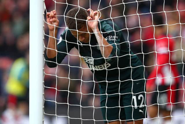 SOUTHAMPTON, ENGLAND - MARCH 07: Dwight Gayle of Newcastle looks dejected after missing chances during the Premier League match between Southampton FC and Newcastle United at St Mary's Stadium on March 7, 2020 in Southampton, United Kingdom. (Photo by Charlie Crowhurst/Getty Images)
