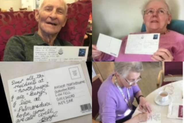 Palmersdene Care Home residents making their postcards.
From left -Jimmy Bissett, Eleanor Barlow and Beryl Overtson.