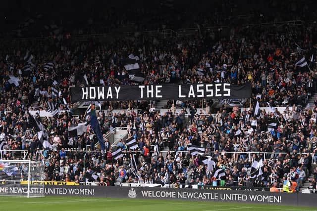 A flag in the gallowgate end reads 'Howay The Lasses' during the FA Women's National League Division One North match between Newcastle United Women and Alnwick Town Ladies at St James' Park on May 01, 2022 in Newcastle upon Tyne, England. (Photo by Stu Forster/Getty Images)