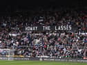 A flag in the gallowgate end reads 'Howay The Lasses' during the FA Women's National League Division One North match between Newcastle United Women and Alnwick Town Ladies at St James' Park on May 01, 2022 in Newcastle upon Tyne, England. (Photo by Stu Forster/Getty Images)