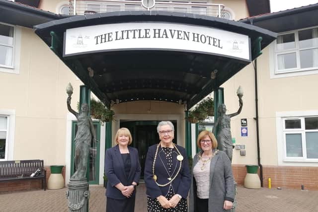 Little Haven Hotel company secretary Paula Taylor with Mayor of South Tyneside Cllr Pat Hay and Mayoress Mrs Jean Copp outside of the venue.