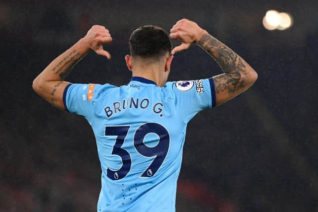 Bruno Guimaraes celebrates his first Newcastle United goal.