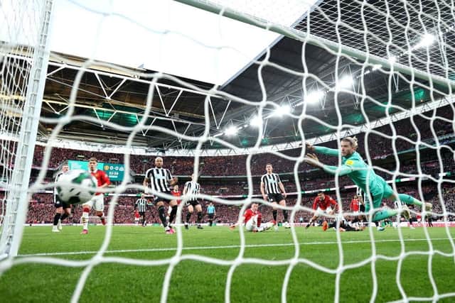Loris Karius of Newcastle United fails to save the Manchester United first goal scored by Casemiro of Manchester United during the Carabao Cup Final match between Manchester United and Newcastle United at Wembley Stadium on February 26, 2023 in London, England. (Photo by Eddie Keogh/Getty Images)