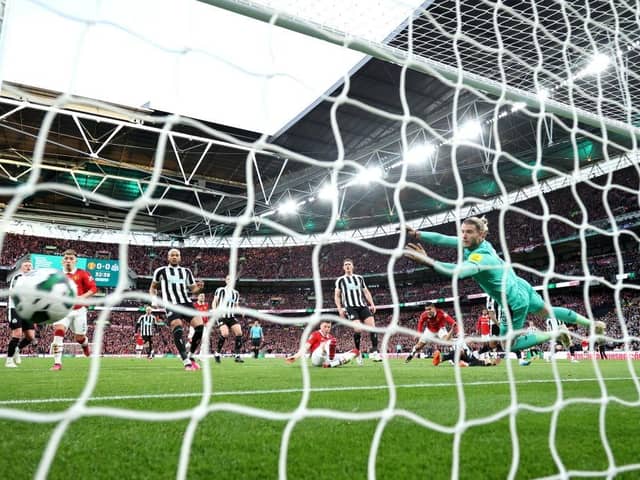 Loris Karius of Newcastle United fails to save the Manchester United first goal scored by Casemiro of Manchester United during the Carabao Cup Final match between Manchester United and Newcastle United at Wembley Stadium on February 26, 2023 in London, England. (Photo by Eddie Keogh/Getty Images)