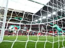 Loris Karius of Newcastle United fails to save the Manchester United first goal scored by Casemiro of Manchester United during the Carabao Cup Final match between Manchester United and Newcastle United at Wembley Stadium on February 26, 2023 in London, England. (Photo by Eddie Keogh/Getty Images)