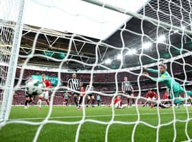 Loris Karius of Newcastle United fails to save the Manchester United first goal scored by Casemiro of Manchester United during the Carabao Cup Final match between Manchester United and Newcastle United at Wembley Stadium on February 26, 2023 in London, England. (Photo by Eddie Keogh/Getty Images)