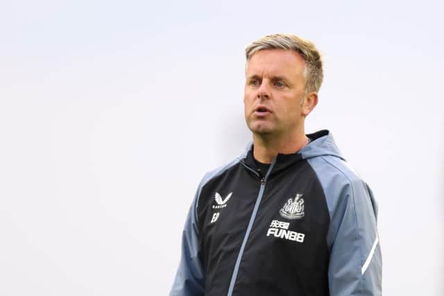 Elliot Dickman, Head Coach of Newcastle United U21 looks on prior to the Papa John's Trophy match between Barnsley and Newcastle United U21 at Oakwell Stadium on September 20, 2022 in Barnsley, England. (Photo by George Wood/Getty Images)