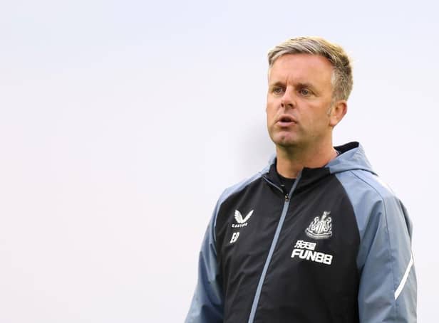 Elliot Dickman, Head Coach of Newcastle United U21 looks on prior to the Papa John's Trophy match between Barnsley and Newcastle United U21 at Oakwell Stadium on September 20, 2022 in Barnsley, England. (Photo by George Wood/Getty Images)