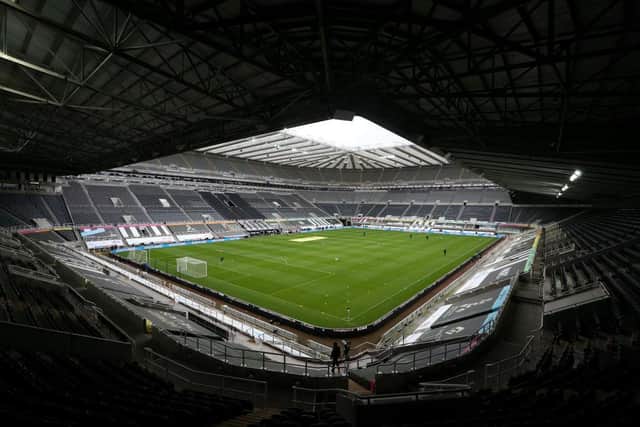 NEWCASTLE UPON TYNE, ENGLAND - NOVEMBER 01: General view inside the stadium prior to the Premier League match between Newcastle United and Everton at St. James Park on November 01, 2020 in Newcastle upon Tyne, England. Sporting stadiums around the UK remain under strict restrictions due to the Coronavirus Pandemic as Government social distancing laws prohibit fans inside venues resulting in games being played behind closed doors. (Photo by Alex Pantling/Getty Images)