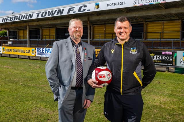 Hebburn Town FC chief executive Stephen Rutherford, right, with Cllr Paul Dean.