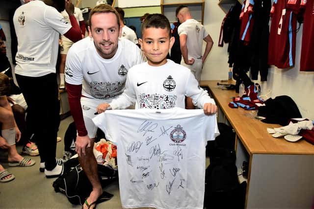 South Shields captain Blair Adams with Jade Thirlwall's nephew Karl Thirlwell
