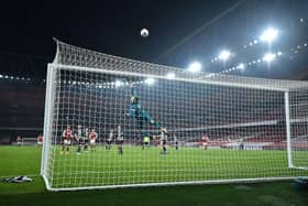 Newcastle United's Slovakian goalkeeper Martin Dubravka saves a shot from Arsenal's Swiss midfielder Granit Xhaka during the English FA Cup third round football match between Arsenal and Newcastle United at the Emirates Stadium in London on January 9, 2021. - Arsenal won the game 2-0 aet.