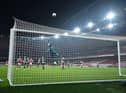 Newcastle United's Slovakian goalkeeper Martin Dubravka saves a shot from Arsenal's Swiss midfielder Granit Xhaka during the English FA Cup third round football match between Arsenal and Newcastle United at the Emirates Stadium in London on January 9, 2021. - Arsenal won the game 2-0 aet.