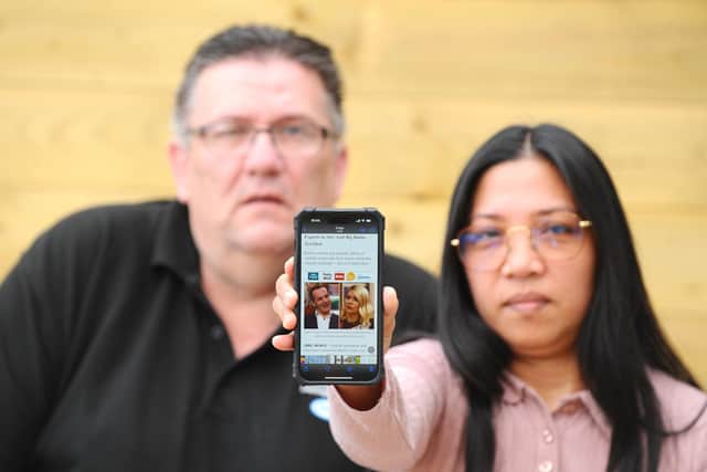 Tony Johnson (57) and his wife Eloisa (45) from Paulsgrove, Portsmouth, were scammed out of thousands of pounds by a fake ad. The Facebook advert said investors could double or triple their investments and used Martin Lewis as the head of it. 

Picture: Sarah Standing (180523-4859)