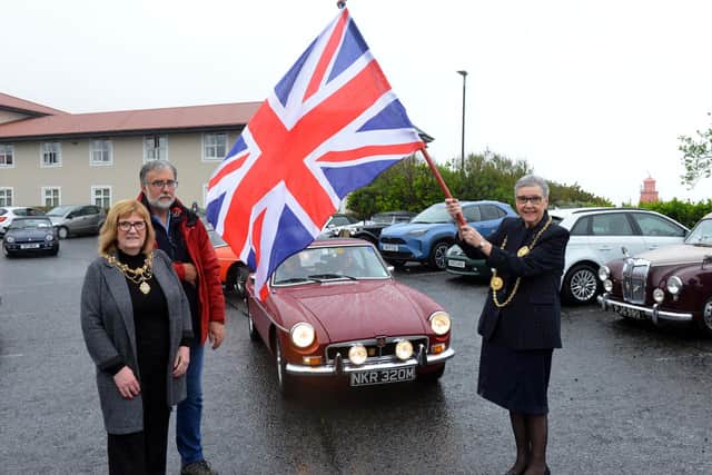 South Tyneside Mayor Pat Hay and Mayoress Jean Copp flag off the MG Car Club tour, with organiser Ian Graham.