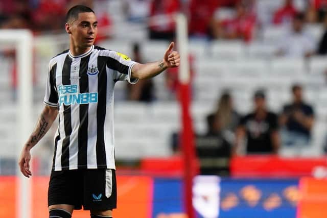 Newcastle Untied's Miguel Almiron celebrates scoring against Benfica.
