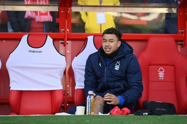 Jesse Lingard of Notts Forest sits on the bench before the Premier League match between Nottingham Forest and Leeds United at City Ground on February 05, 2023 in Nottingham, England. (Photo by Michael Regan/Getty Images)