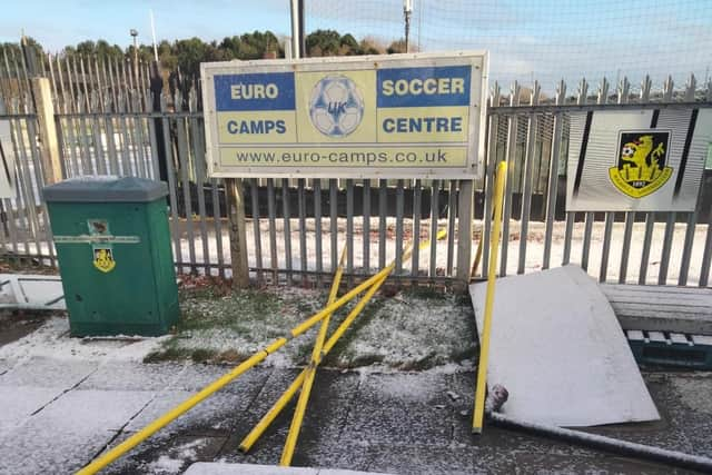 Advertising hoardings were smashed and strewn across the pitch, with handrails stolen.