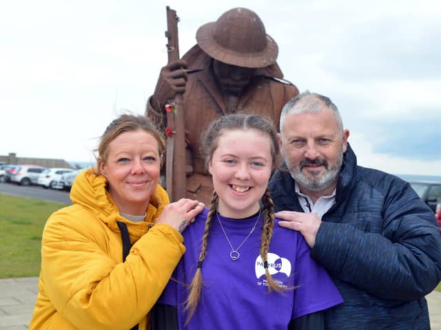 Kayleigh Llewellyn, 13, who underwent a heart transplant, with parents Shaun and Sonia Llewellyn. Kayleigh will take part in a charity walk from South Shields to Seaham in memory of her donor.