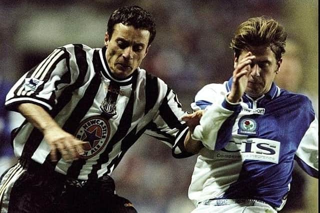 George Georgiadis of Newcastle is challenged by Gary Croft of Blackburn Rovers during the Worthington Cup Round 4 match at St James'' Park in Newcastle, England. The game ended in a draw 1-1, Blackburn won the game in penalties 4-2. \ Mandatory Credit: Stu Forster /Allsport
