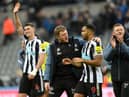 Newcastle United head coach Eddie Howe and striker Callum Wilson after the Fulham win.