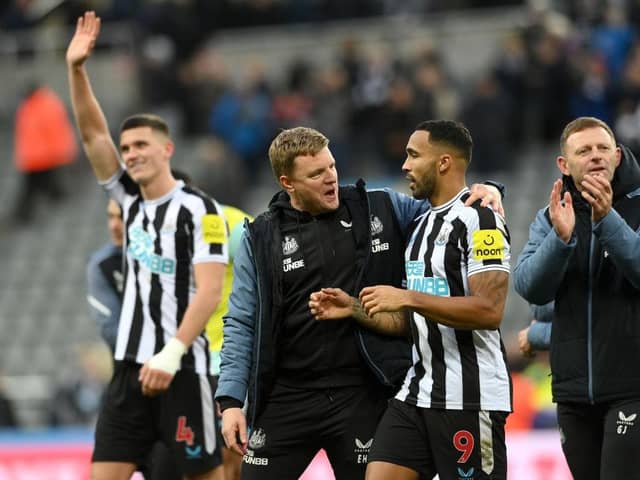 Newcastle United head coach Eddie Howe and striker Callum Wilson after the Fulham win.