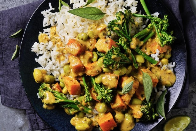 'Eat Well and made with sweet potatoes, edamame soybeans and Tenderstem® broccoli in a coconut, ginger and lime curry, served with fragrant jasmine rice'