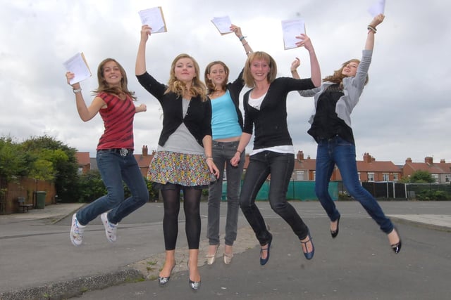 Jumping for joy after getting their GCSE results at St Wilfrid's School in 2008. Recognise anyone?