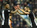 NEWCASTLE UPON TYNE, ENGLAND - FEBRUARY 01: Jamaal Lascelles and Nabil Bentaleb of Newcastle United embrace during the Premier League match between Newcastle United and Norwich City at St. James Park on February 01, 2020 in Newcastle upon Tyne, United Kingdom. (Photo by Mark Runnacles/Getty Images)