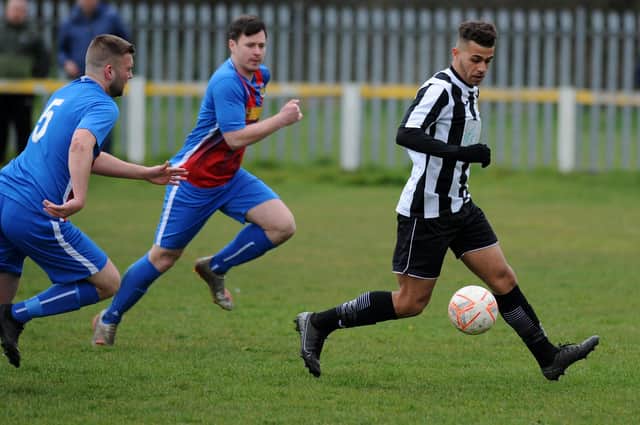 Wearside League football between Boldon CA FC (black white) and Hebburn Town Reserves, played at Boldon CA Sports Ground.