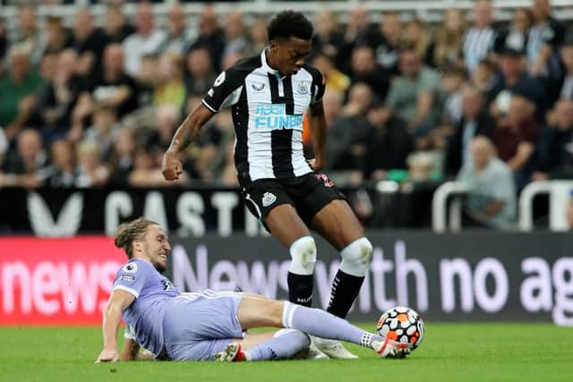 Newcastle United's Joe Willock was pictured in a protective boot yesterday (Photo by Ian MacNicol/Getty Images)