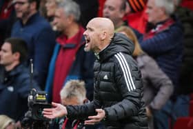 Manchester United's Dutch manager Erik ten Hag reacts during the English Premier League football match between Manchester United and Newcastle at Old Trafford in Manchester, north west England, on October 16, 2022.  (Photo by IAN HODGSON/AFP via Getty Images)