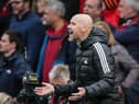 Manchester United's Dutch manager Erik ten Hag reacts during the English Premier League football match between Manchester United and Newcastle at Old Trafford in Manchester, north west England, on October 16, 2022.  (Photo by IAN HODGSON/AFP via Getty Images)