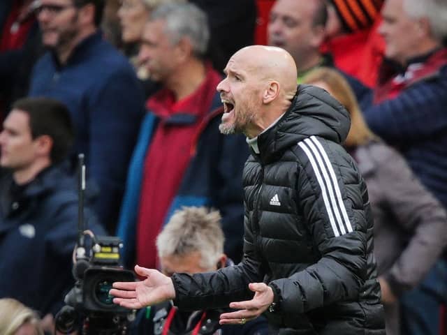 Manchester United's Dutch manager Erik ten Hag reacts during the English Premier League football match between Manchester United and Newcastle at Old Trafford in Manchester, north west England, on October 16, 2022.  (Photo by IAN HODGSON/AFP via Getty Images)