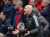 Manchester United's Dutch manager Erik ten Hag reacts during the English Premier League football match between Manchester United and Newcastle at Old Trafford in Manchester, north west England, on October 16, 2022.  (Photo by IAN HODGSON/AFP via Getty Images)