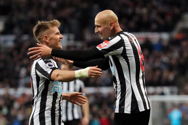 Newcastle United's Jonjo Shelvey celebrates scoring with Matt Ritchie. Owen Humphreys/PA Wire.