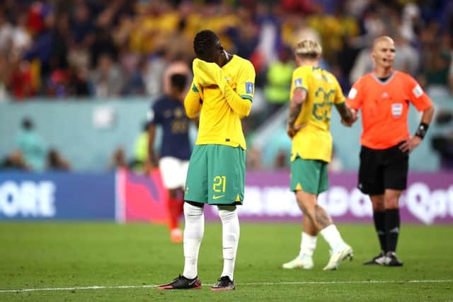 Garang Kuol of Australia shows dejection after the 1-4 defeat in the FIFA World Cup Qatar 2022 Group D match between France and Australia at Al Janoub Stadium on November 22, 2022 in Al Wakrah, Qatar. (Photo by Robert Cianflone/Getty Images)