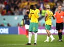 Garang Kuol of Australia shows dejection after the 1-4 defeat in the FIFA World Cup Qatar 2022 Group D match between France and Australia at Al Janoub Stadium on November 22, 2022 in Al Wakrah, Qatar. (Photo by Robert Cianflone/Getty Images)